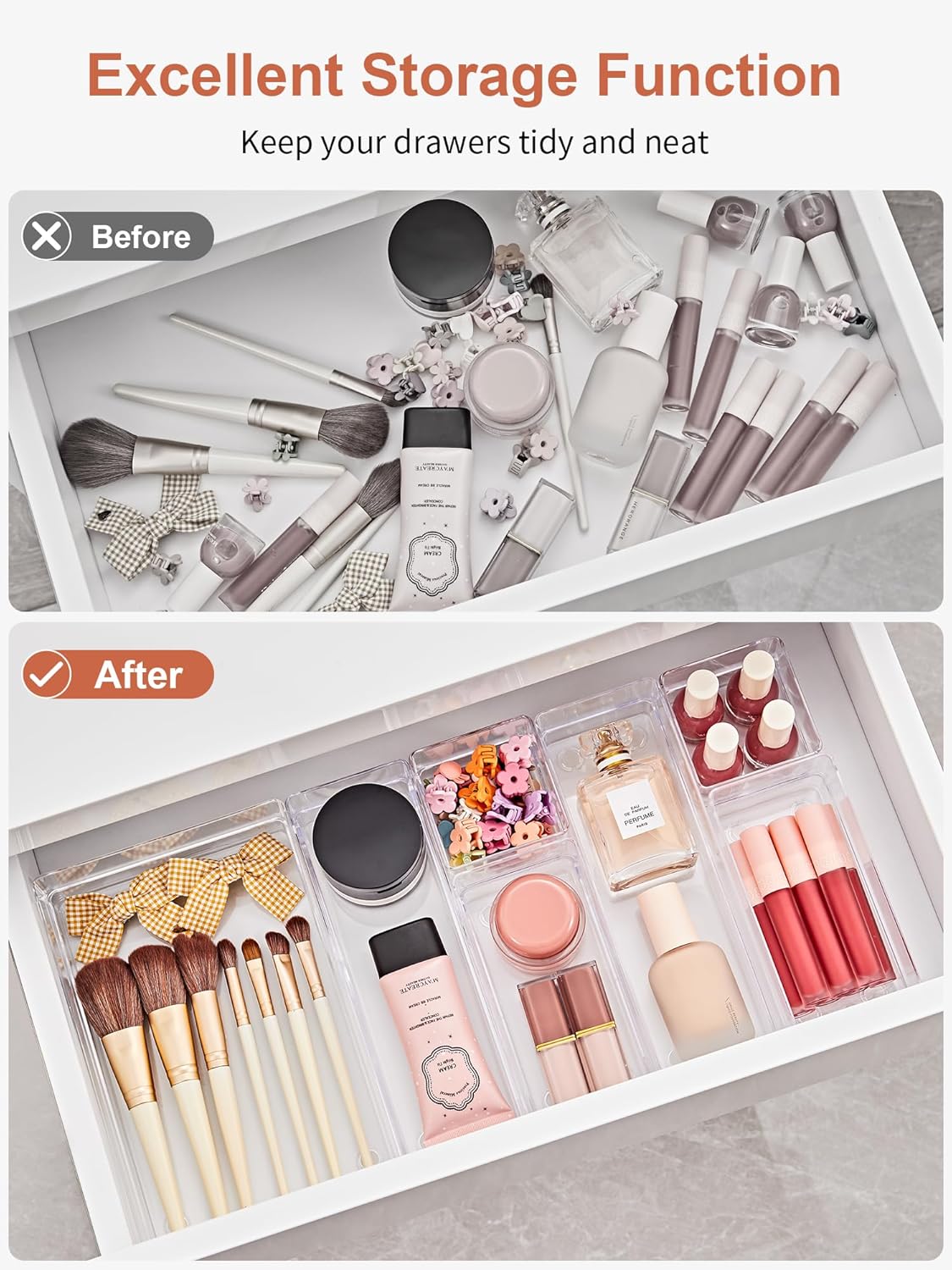 SMARTAKE 8 Piece Drawer Organizer with Non-Slip Silicone Pads, Desk Drawer Organizer Trays Storage Tray for Makeup, Jewelries, Utensils in Bedroom Dresser, Office and Kitchen (Clear)